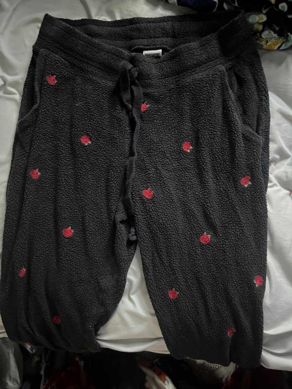 PINK Victoria's Secret Black Fleece Joggers with Red Rose Embroidery